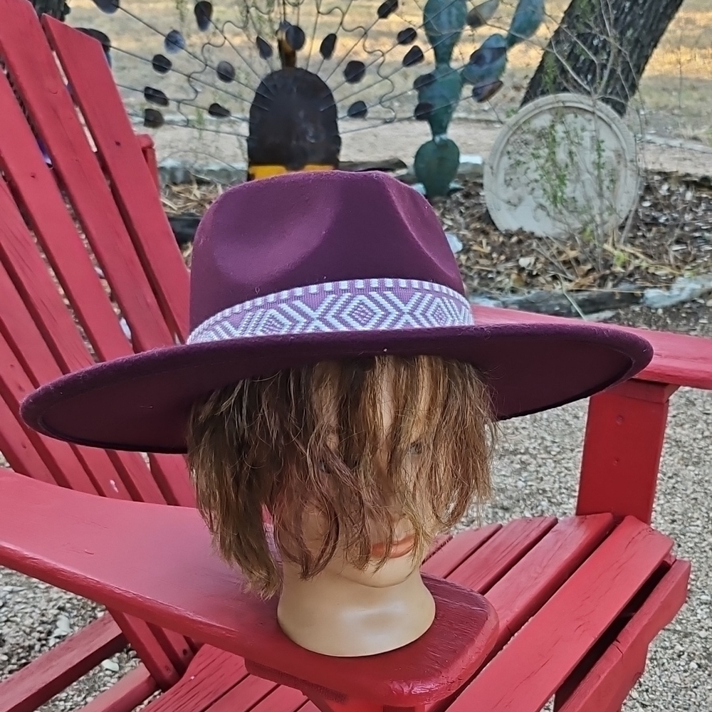 Fab'rik Ariah Flat Brim Hat One Size Purple Burgundy Felt Tribal Band Cute!